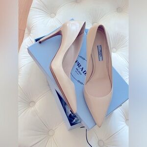 Prada Saffiano Textured Patent Leather 85mm Nude Beige Heels - size 40.5 (US10)